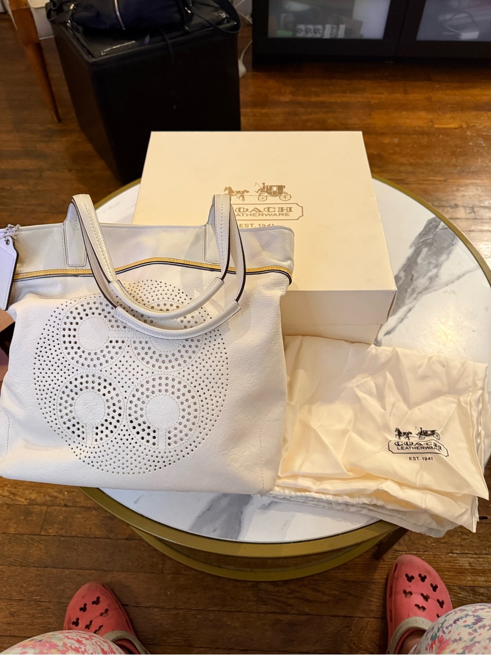 Coach White Perforated Leather Tote with Gold Trim